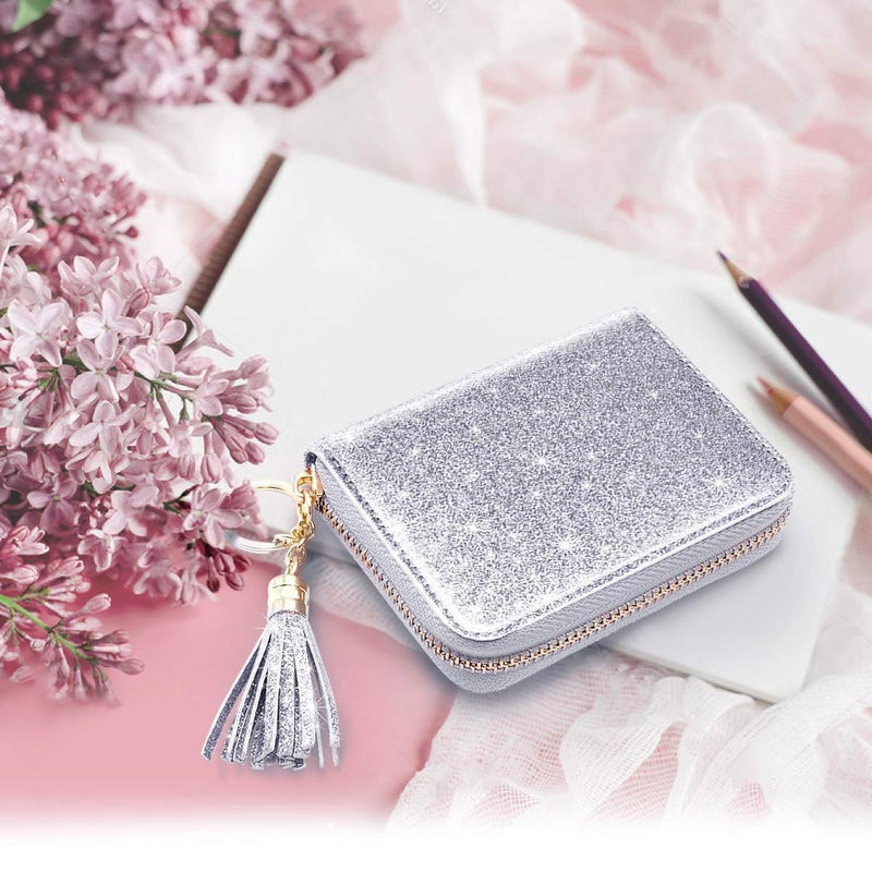 Coco Rossi Women's Small Credit Card Wallet RFID Glitter Cute Credit Card Holder Wallets for Women -Silver - Image 5